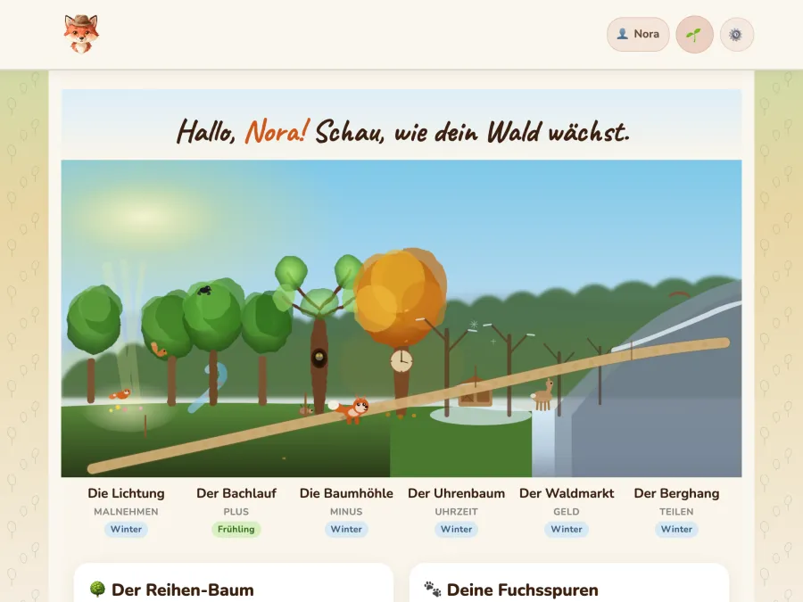 Fortschritts-Ansicht der Zahlenfuchs-App: ein Wald, dessen Bäume mit jedem geübten Modul wachsen, darunter die Namen der Übungsorte