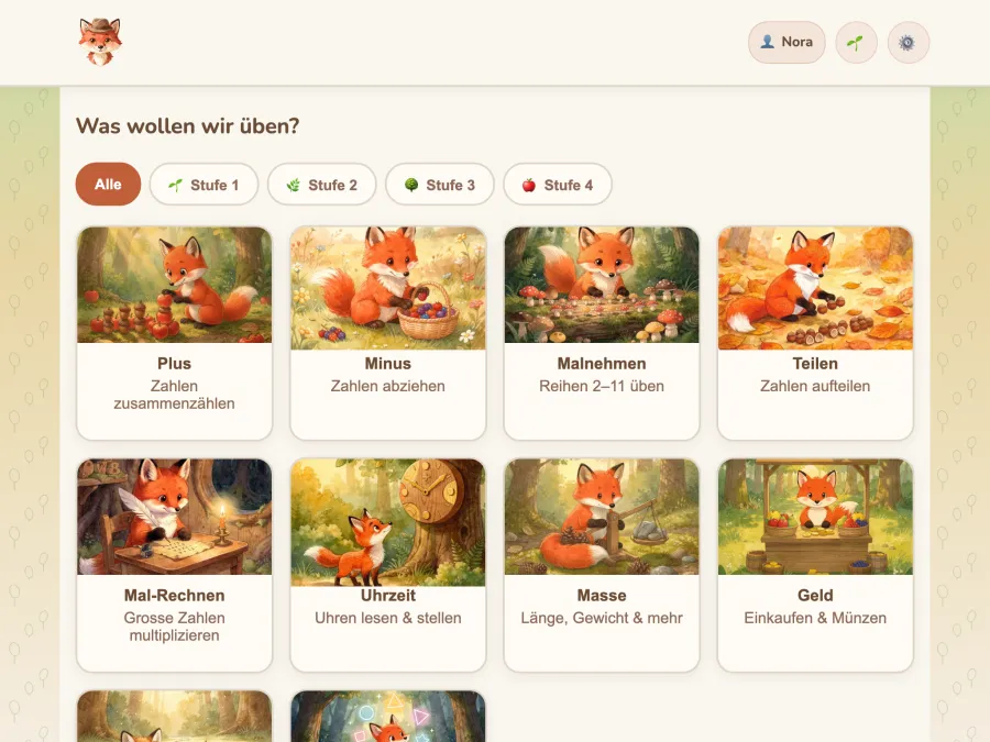Startbildschirm der Zahlenfuchs-App mit Modulkarten für Plus, Minus, Malnehmen, Teilen, Uhrzeit, Masse und Geld, jede mit einer gemalten Fuchs-Illustration