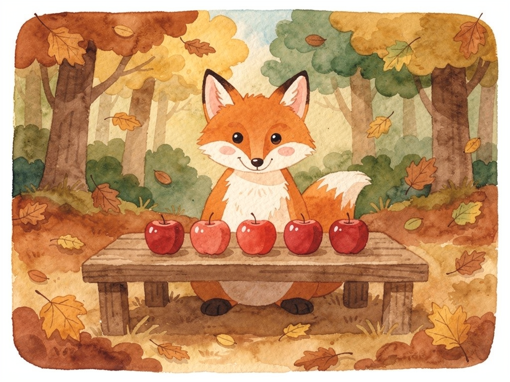 Der Zahlenfuchs sitzt an einem Holztisch mit 5 roten Äpfeln davor